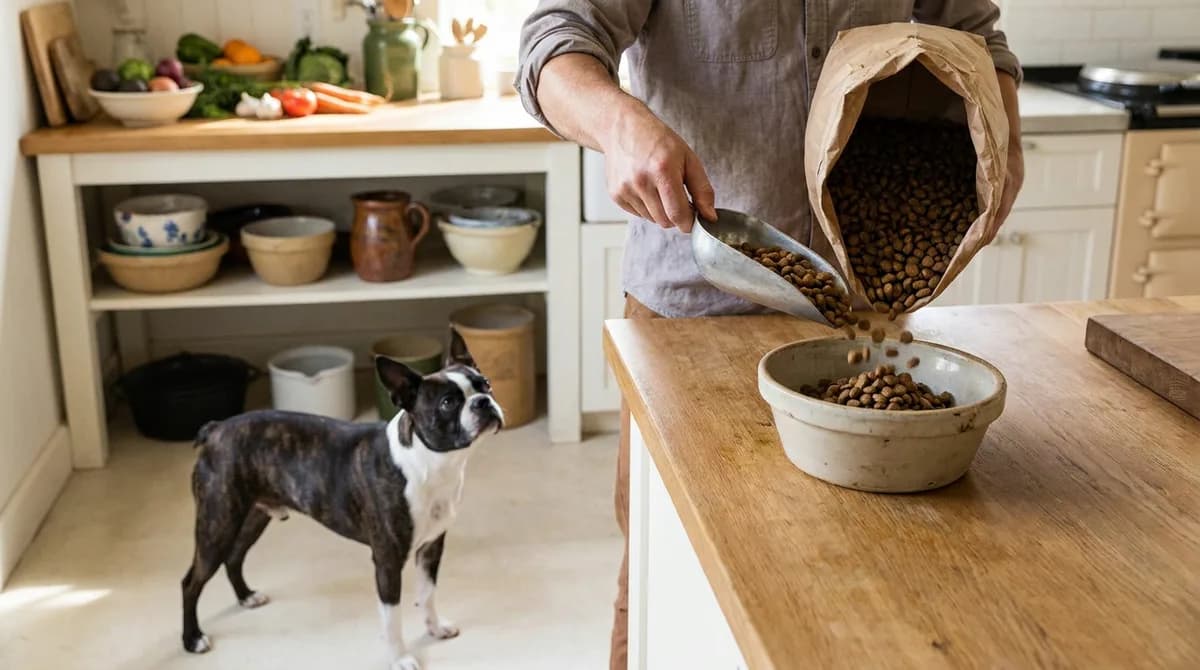An adult preparing a bowl of kibble with a Boston Terrier standing nearby.