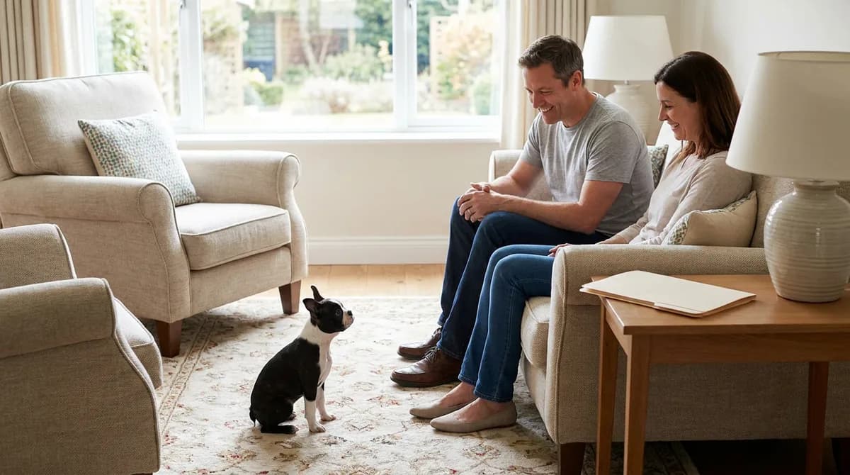 Boston Terrier sitting on a living room floor and watching two adults on a sofa.