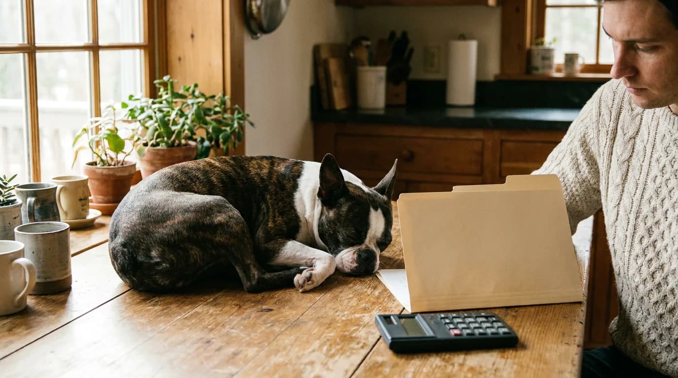 Brindle Boston Terrier resting beside a plain folder and calculator near a window.