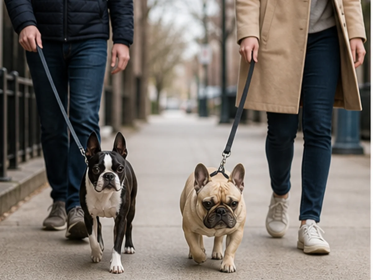 Both breeds walking calmly beside separate handlers