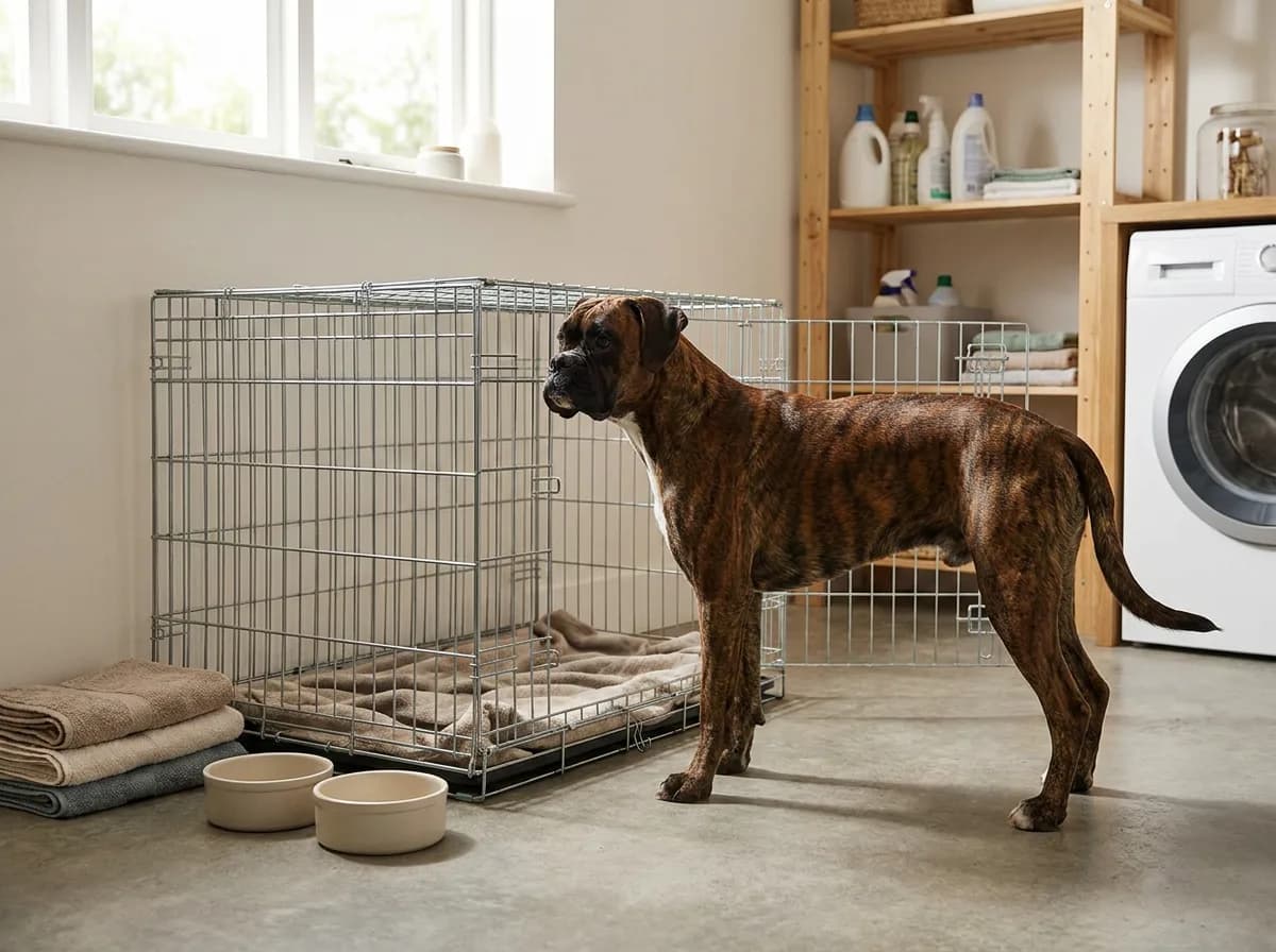 Boxer with a brindle coat standing beside a wire crate, bedding and two bowls