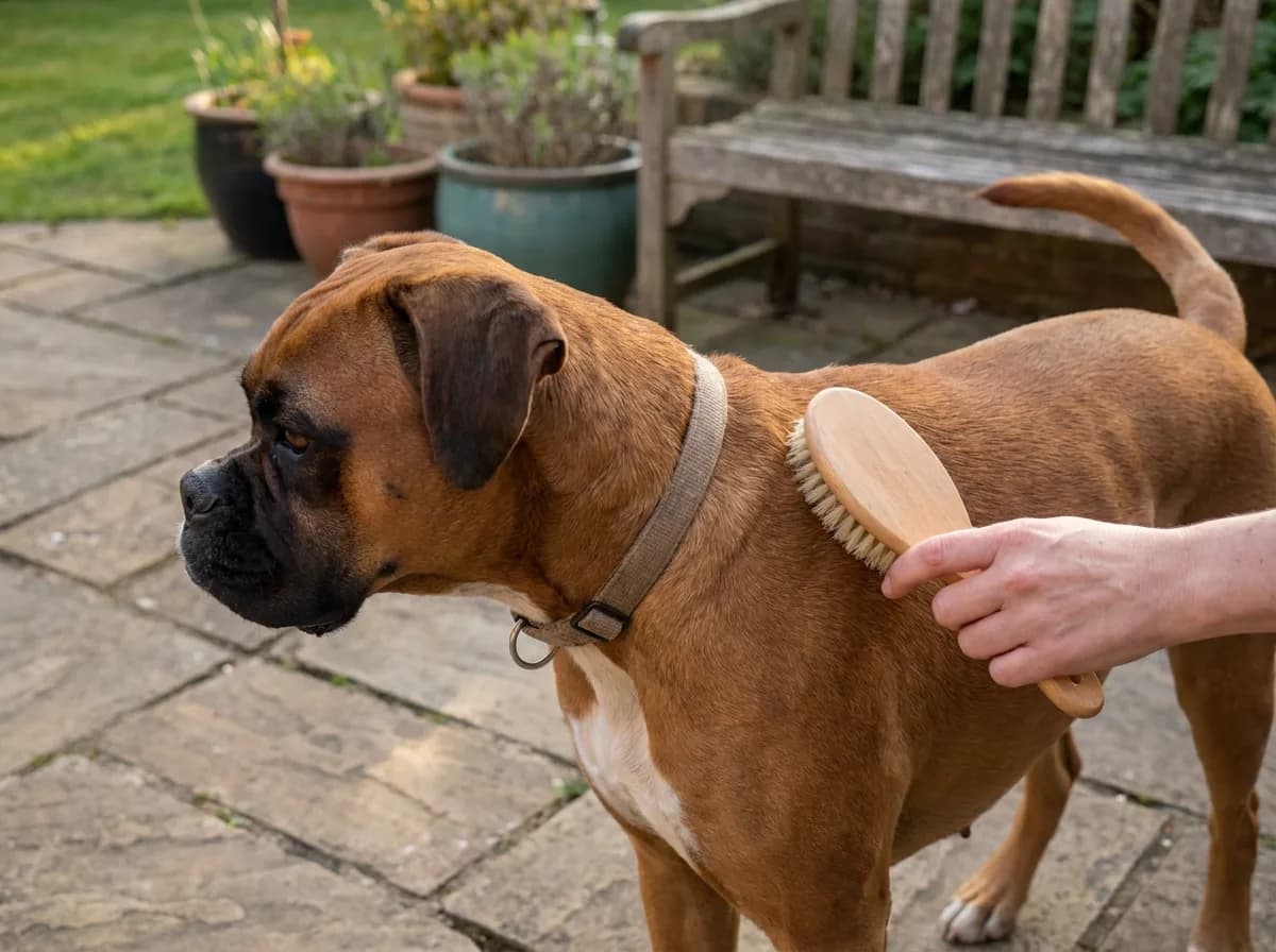 Boxer with a fawn coat having its short coat brushed on a patio