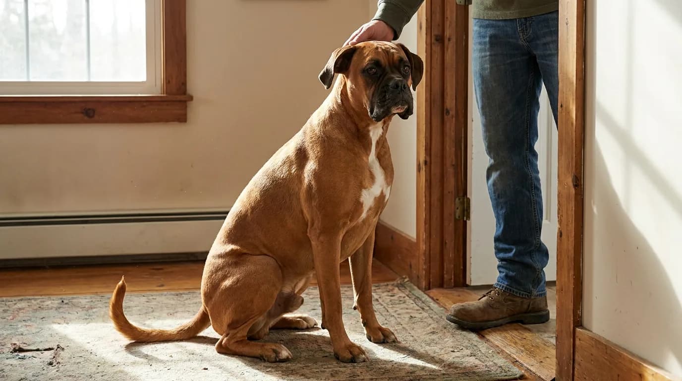 Fawn Boxer sitting beside a person near a front door