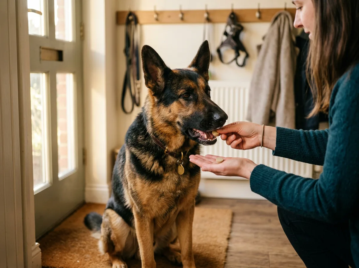 A person offers a small tablet by hand to an attentive German shepherd sitting on a doormat in a sunlit home entryway.