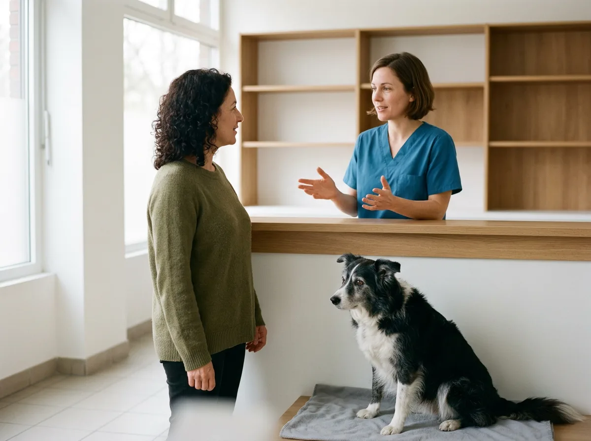 A veterinarian in blue scrubs talks with a dog owner across a wooden clinic counter while a black and white border collie sits nearby.