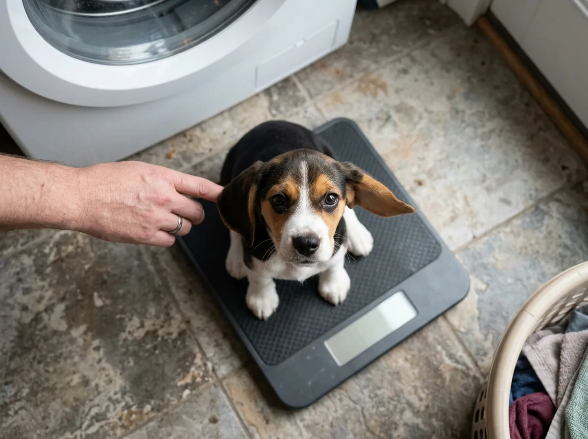A tricolor beagle puppy sits on a dark scale mat on a tiled floor while a person's hand reaches toward its ear.