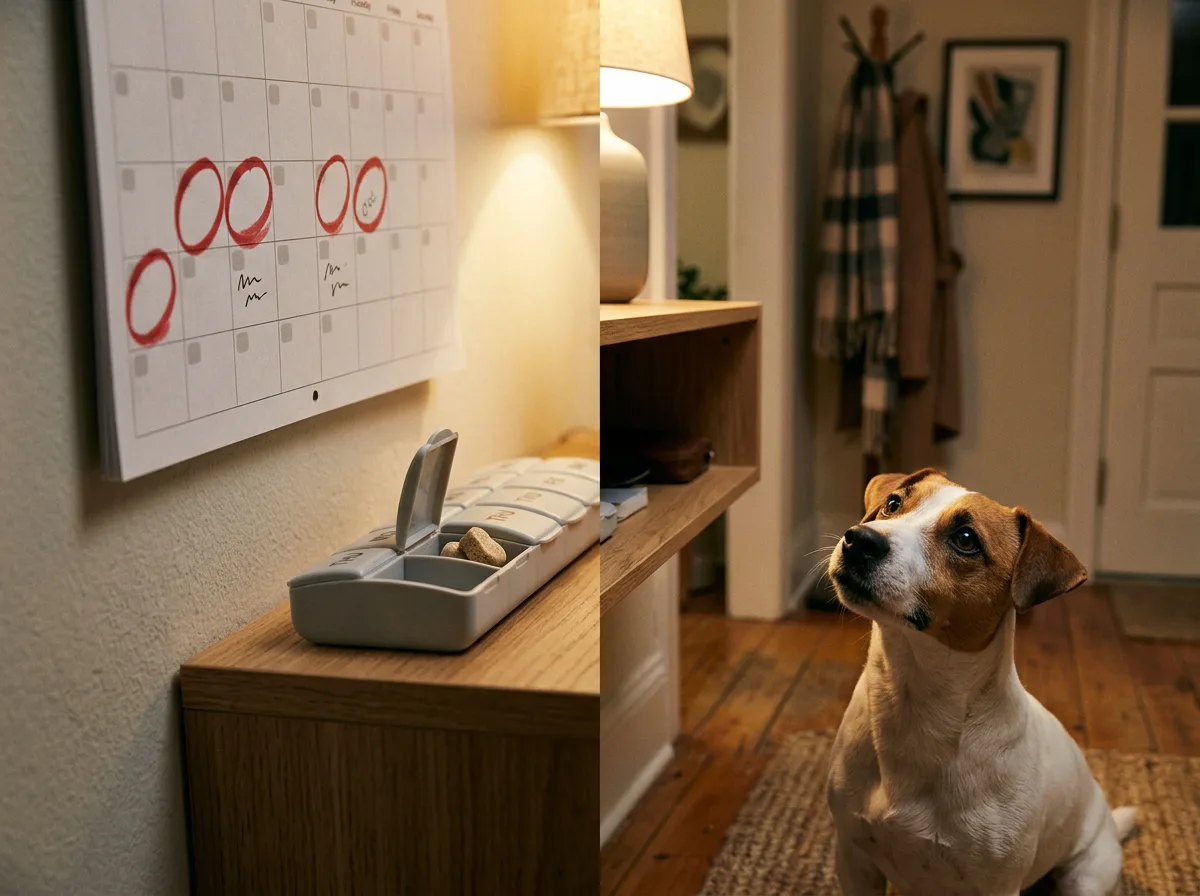 Split image of a wall calendar with red-circled dates and a weekly pill organizer beside a terrier sitting in a dim hallway.