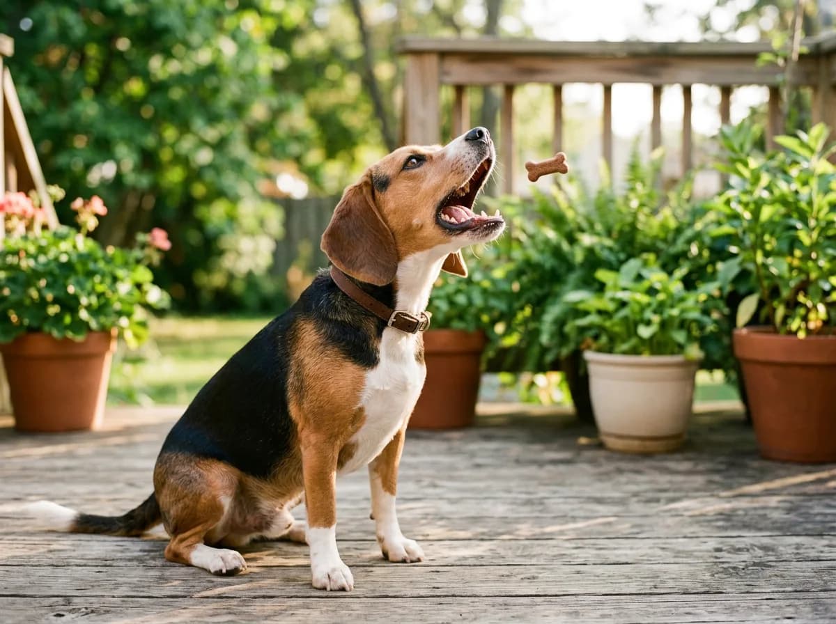 A tricolor Beagle sits on a sunny backyard deck catching a small brown chewable tablet in its mouth