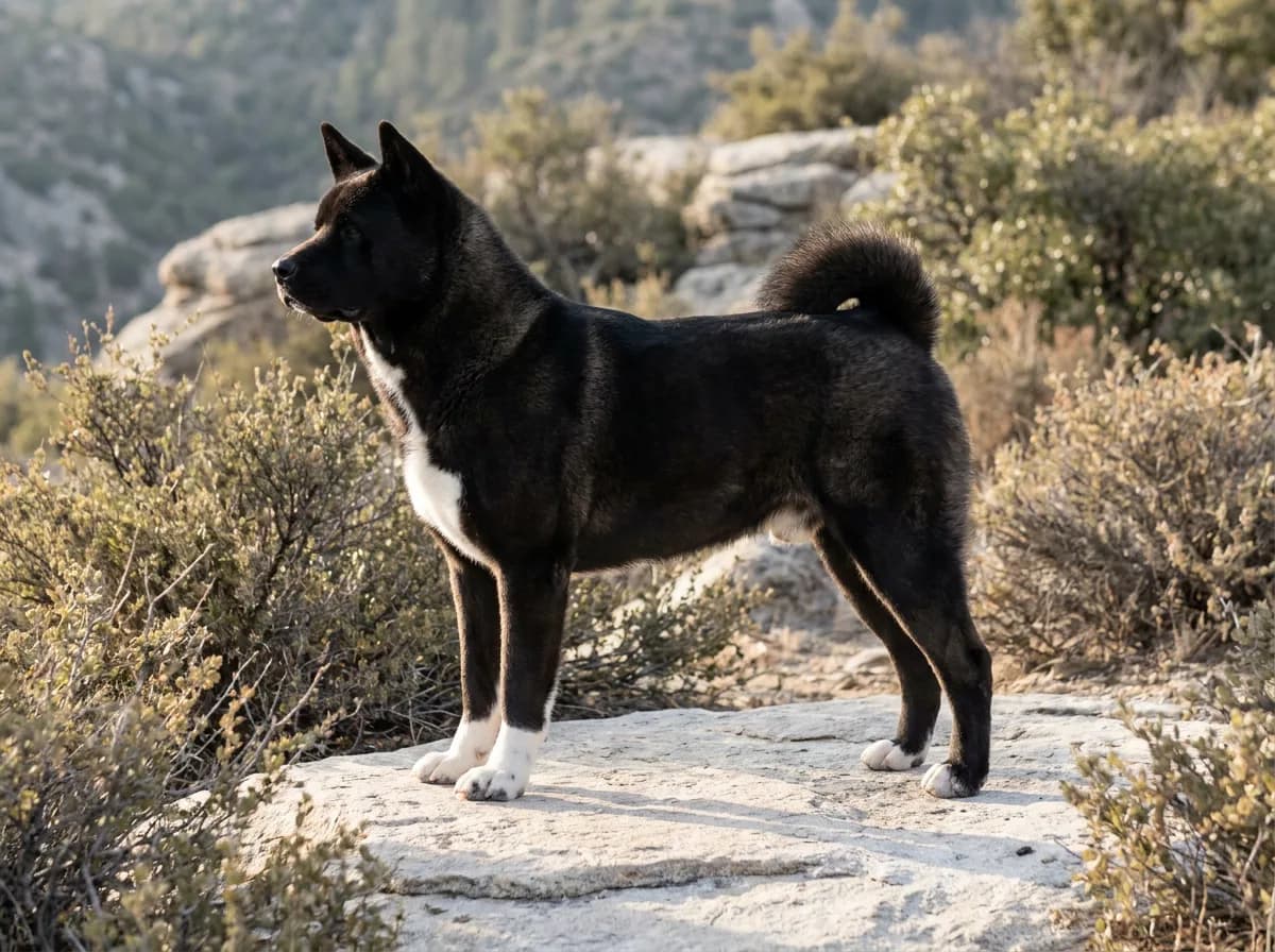 Black American Akita standing in side profile with a broad head and curled tail.