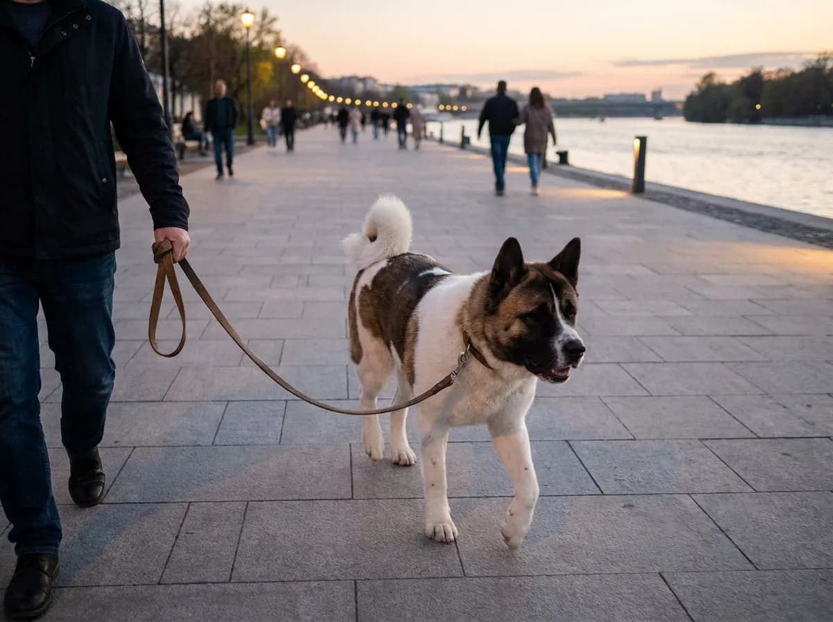 Pinto American Akita beside an adult handler on a loose lead along a riverside path.