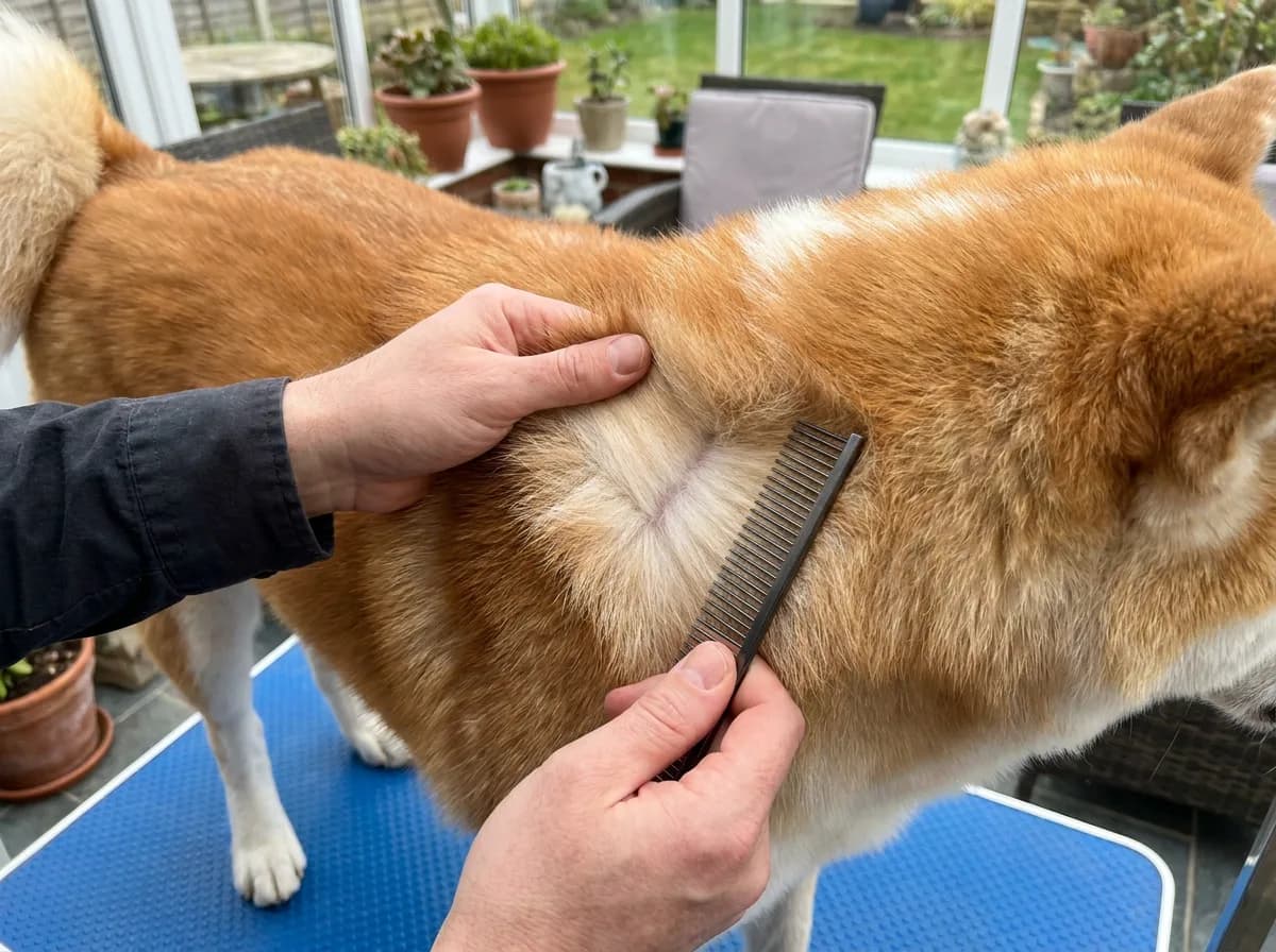 Hands gently parting an Akita’s red coat to expose the pale undercoat beside a comb.