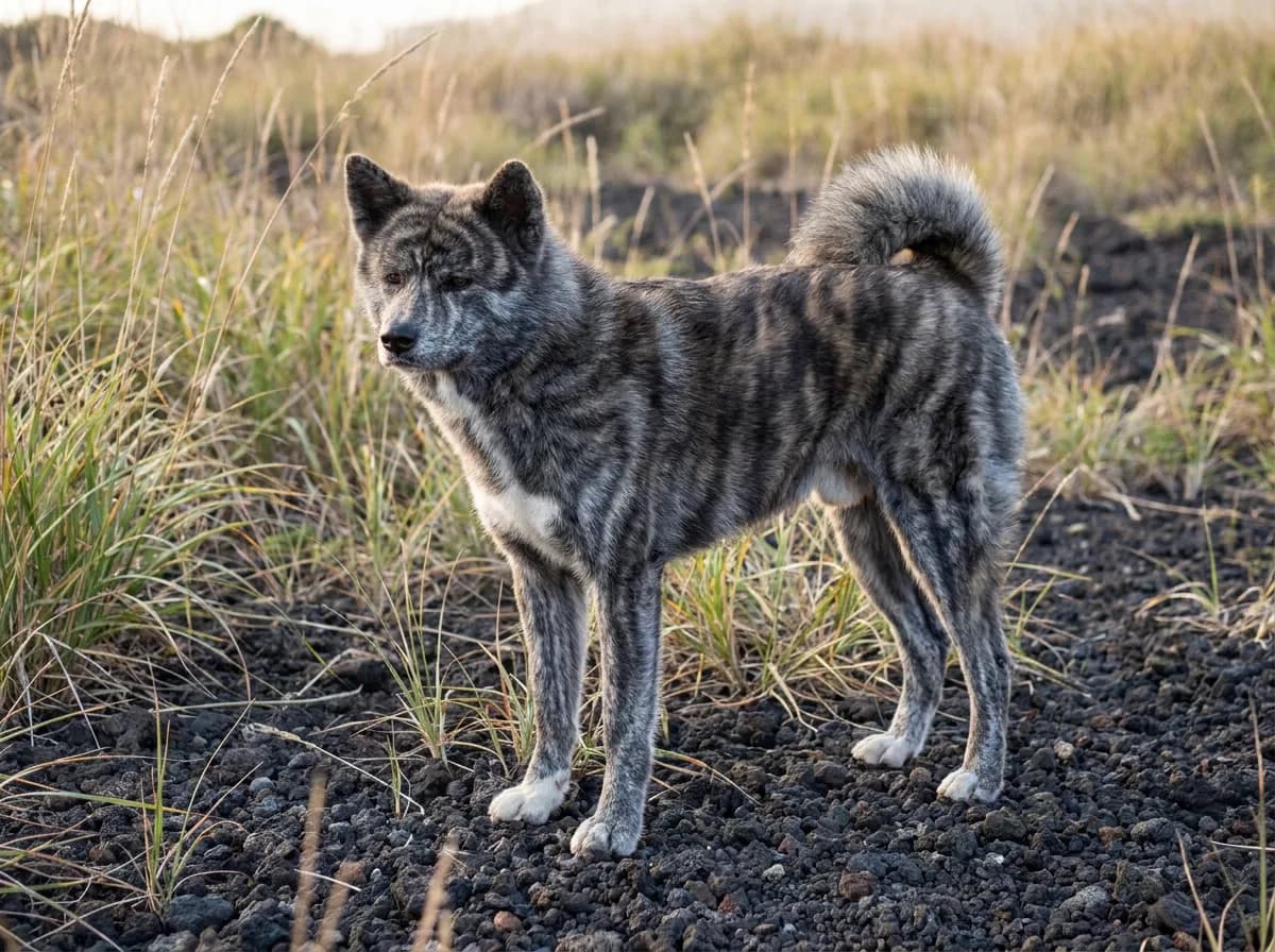 Brindle Japanese Akitainu standing on gravel with dark stripes visible across its coat.