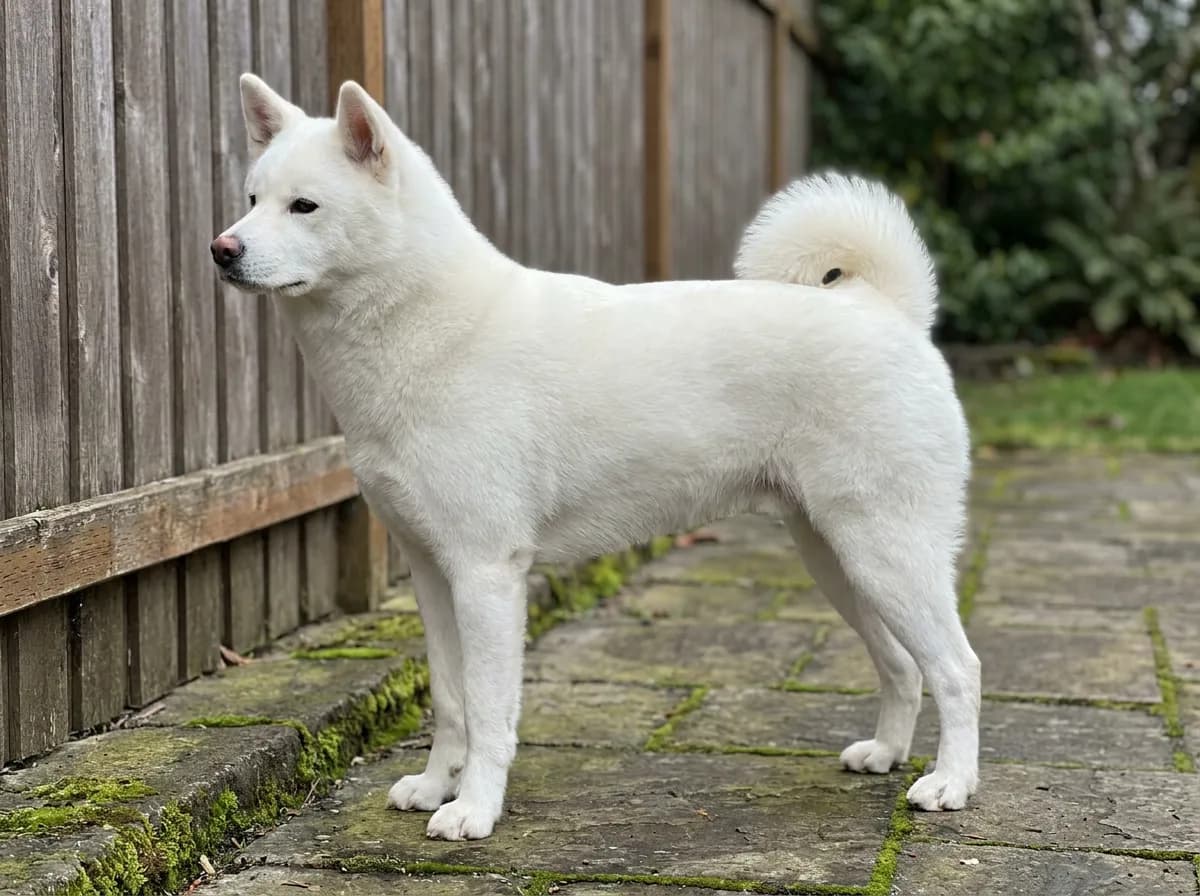 White Japanese Akitainu standing beside a wooden fence, with erect ears and a curled tail.