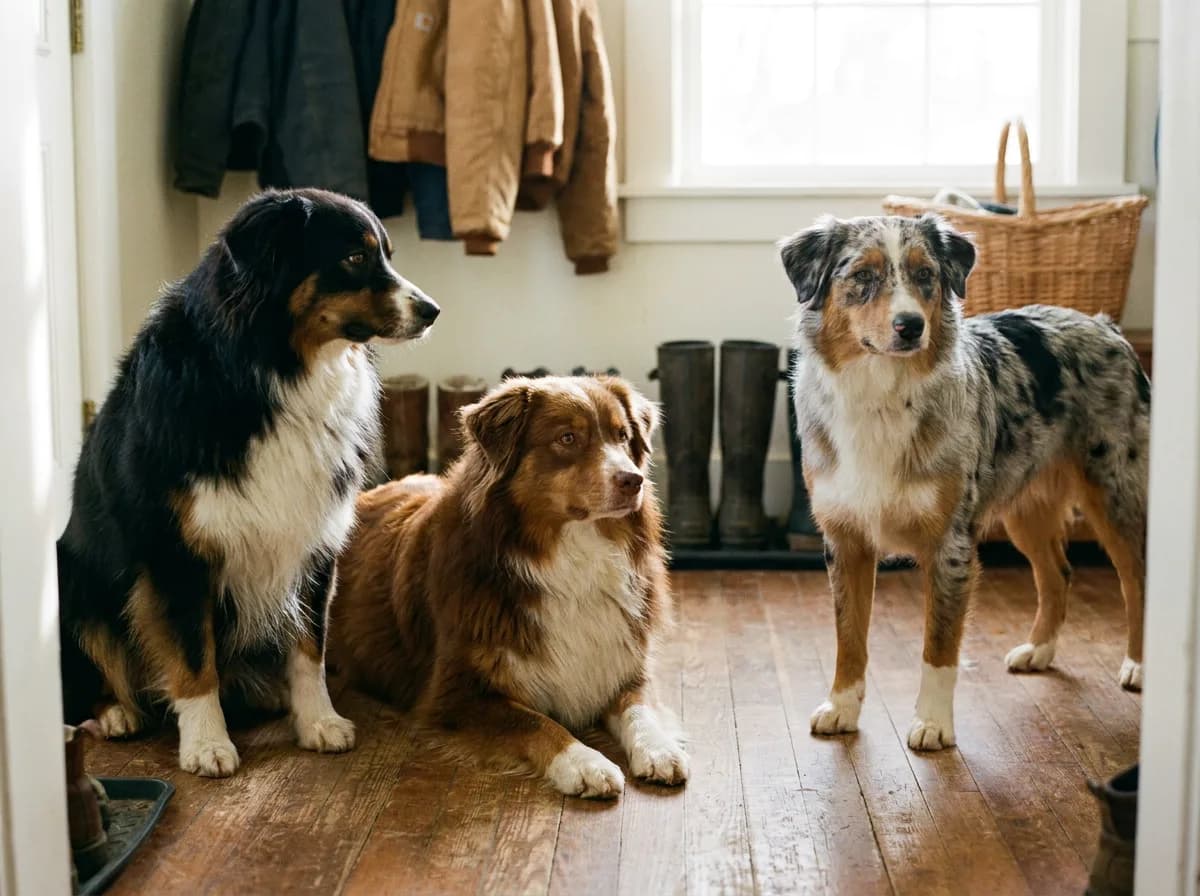 Black tricolor, red tricolor, and blue merle Australian Shepherds together in a home entryway.