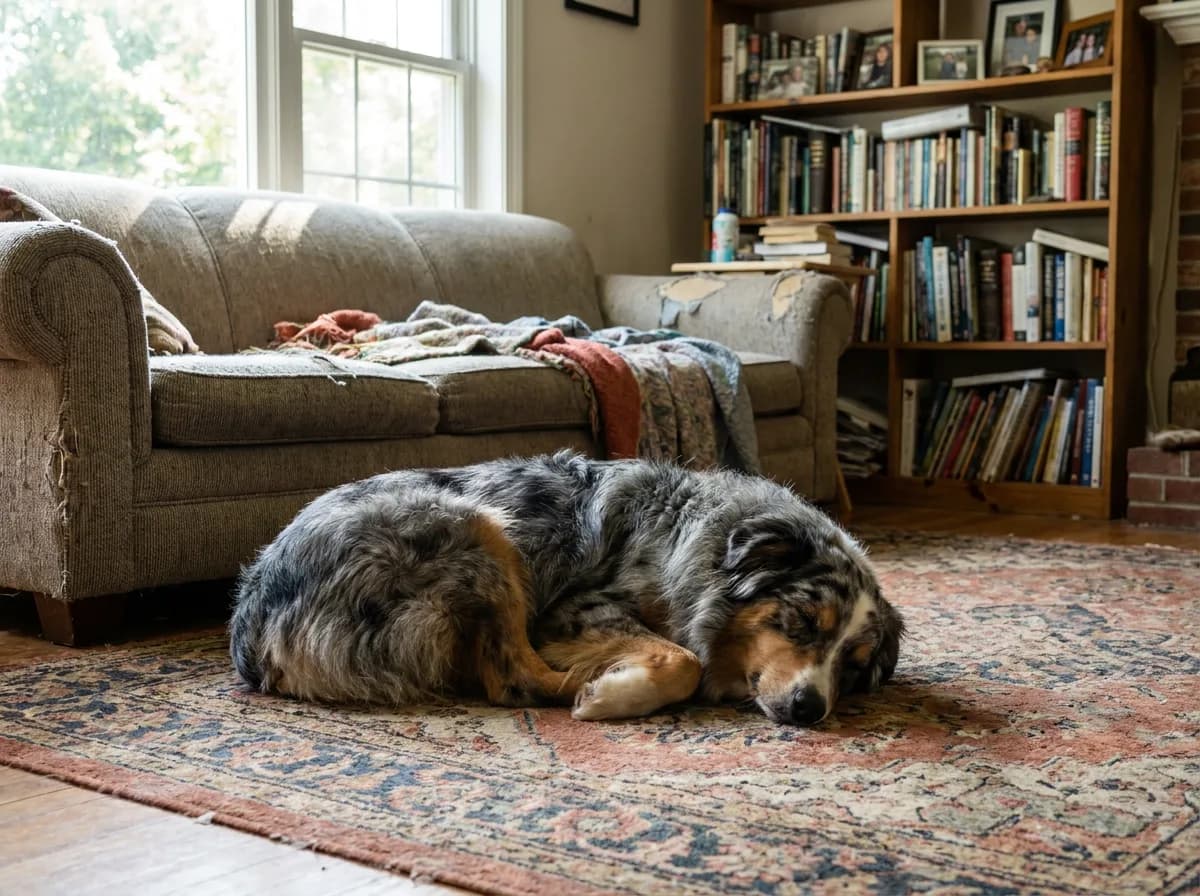 Australian Shepherd curled up on a rug beside a living-room sofa.