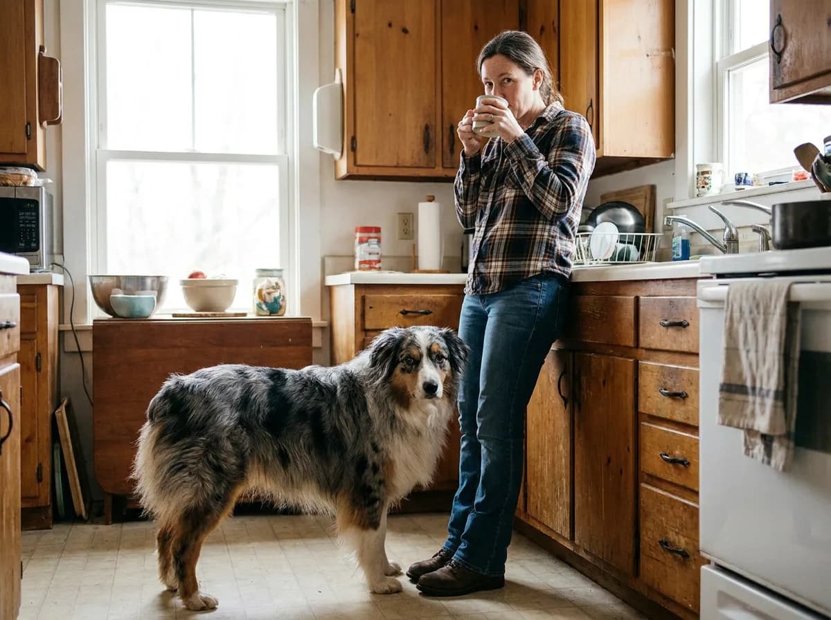 Adult Australian Shepherd standing beside a person in a kitchen.