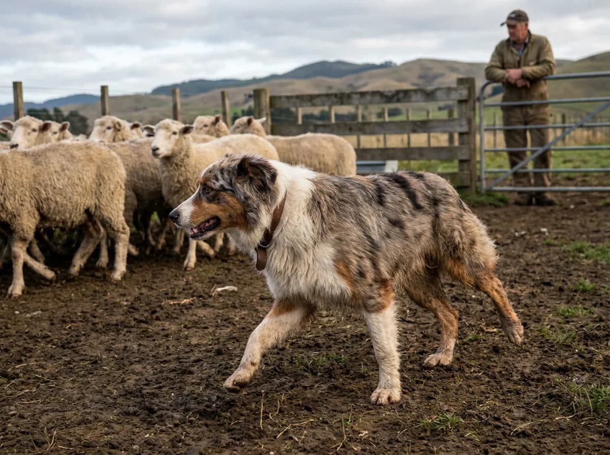 Australian Shepherd moving beside sheep in a farm pen with a handler nearby.