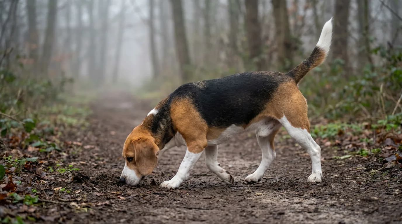 Adult tricolor Beagle with its nose to the ground, following a scent along a muddy woodland path in the mist