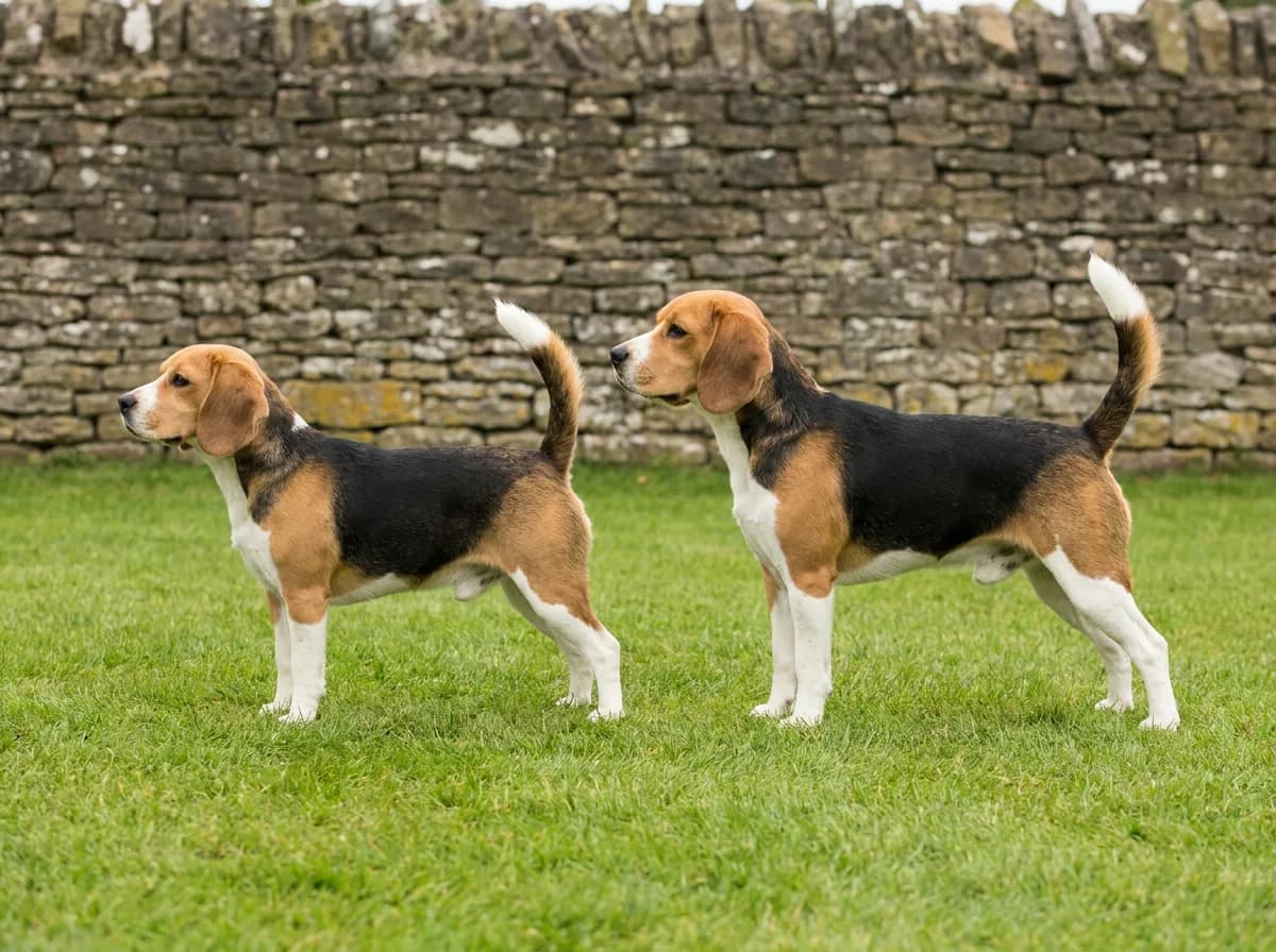 A smaller 13-inch variety Beagle standing beside a taller 15-inch variety Beagle on a lawn by a stone wall
