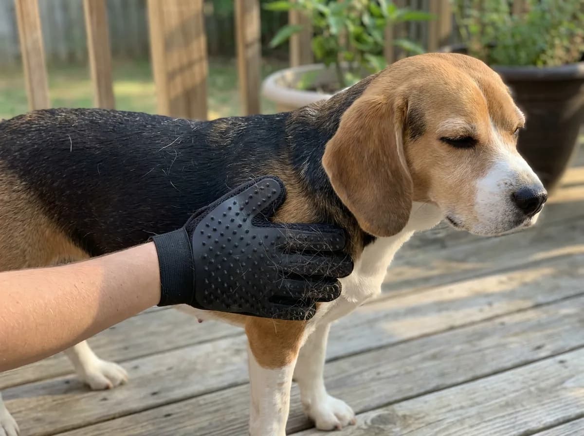 Grooming glove brushing loose hair from a tricolor Beagle's shoulder on a sunny deck