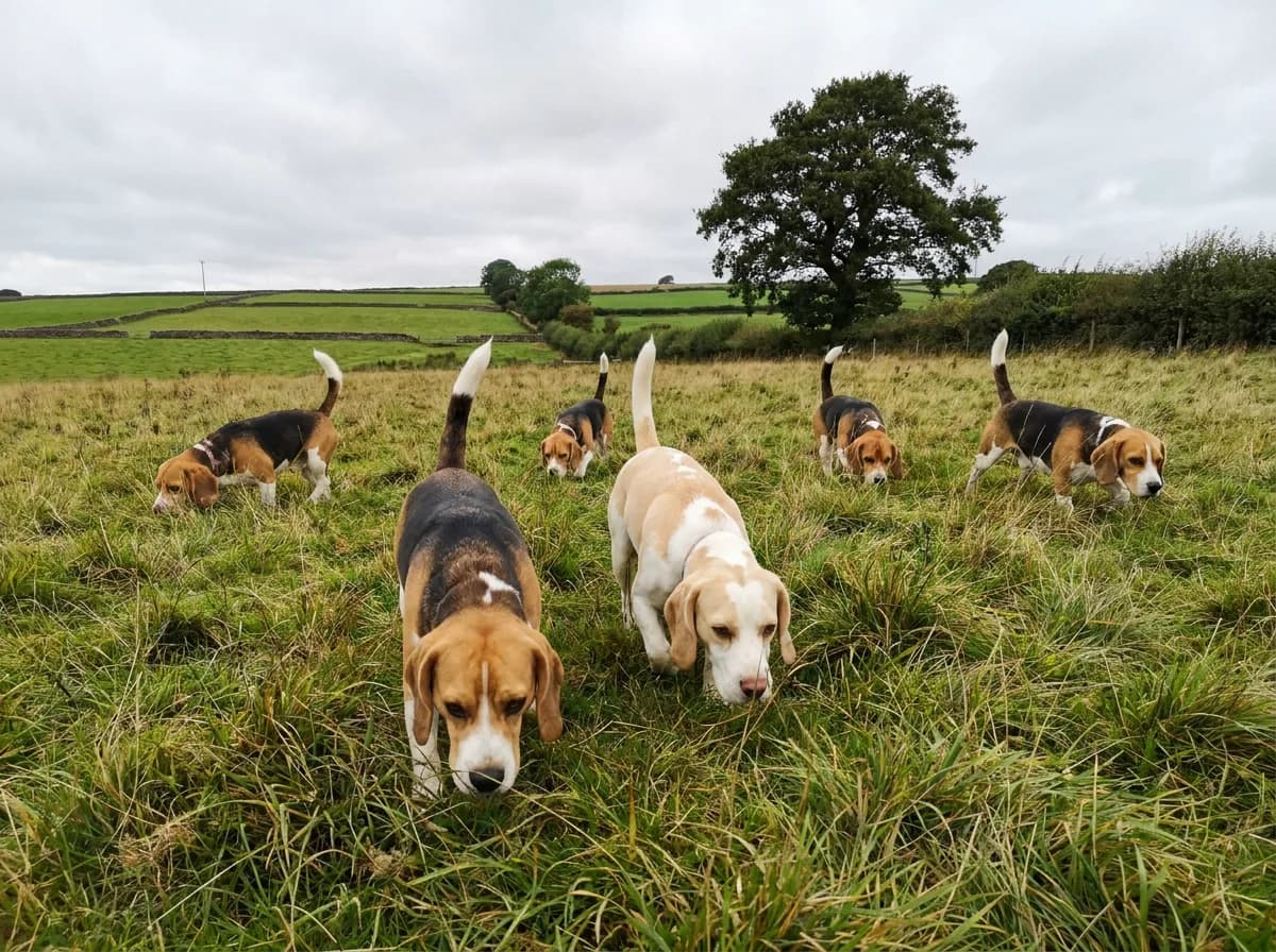 Six Beagles with white-tipped tails following a scent across an open English pasture