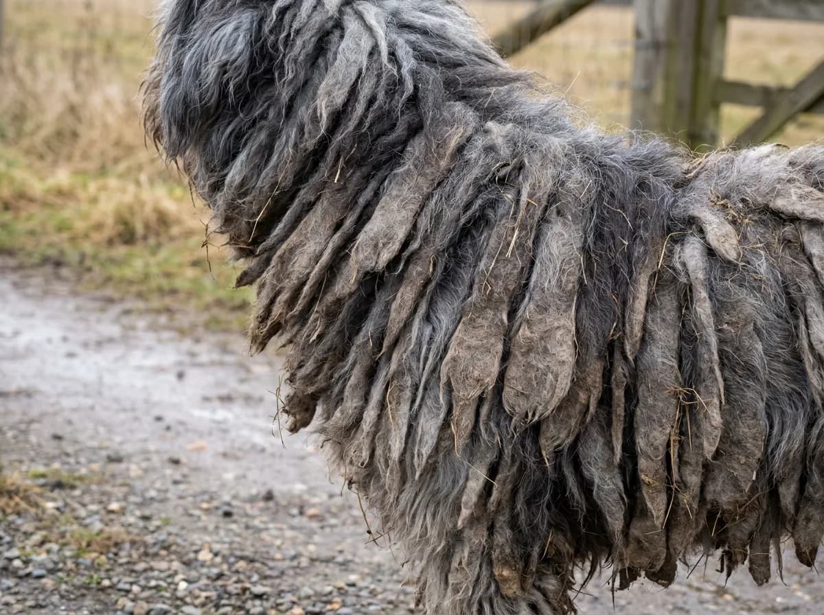 Close-up of the mature felted flocks on a Bergamasco Sheepdog coat, showing the flat mats hanging from its side.