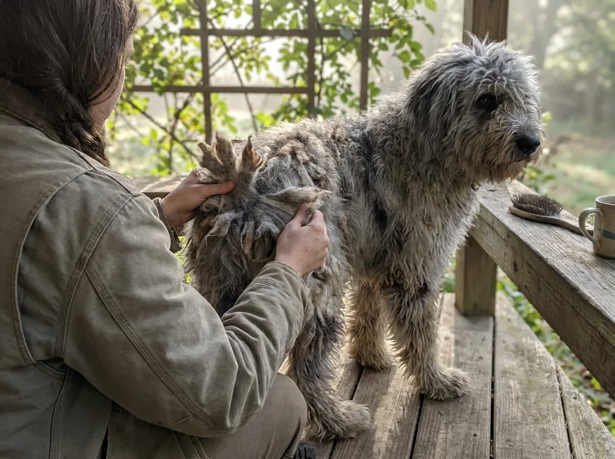 An owner on a porch separating the forming flocks on a young Bergamasco Sheepdog coat by hand.