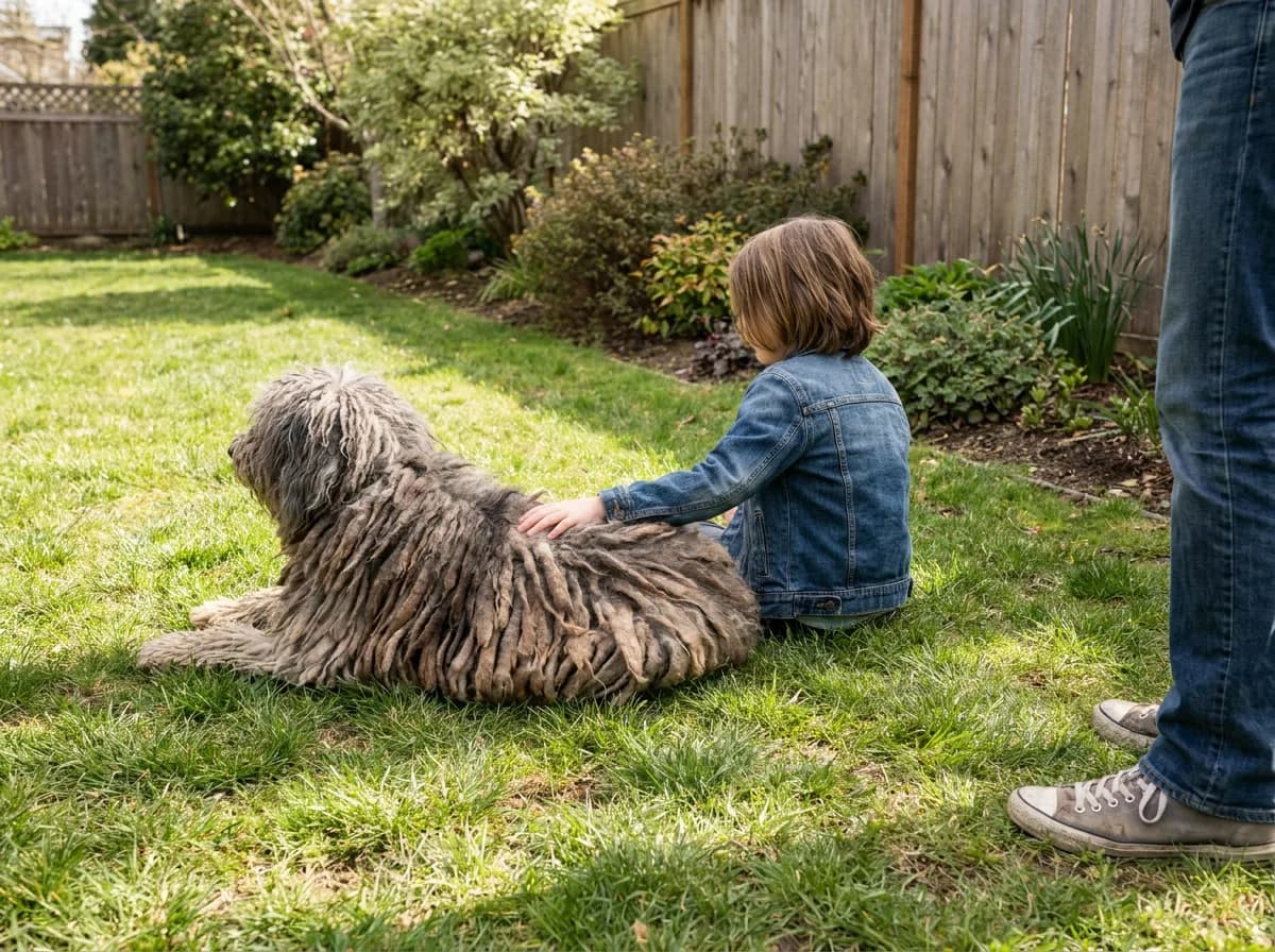 A calm Bergamasco Sheepdog lying on a back-yard lawn beside a seated child, with an adult standing nearby.