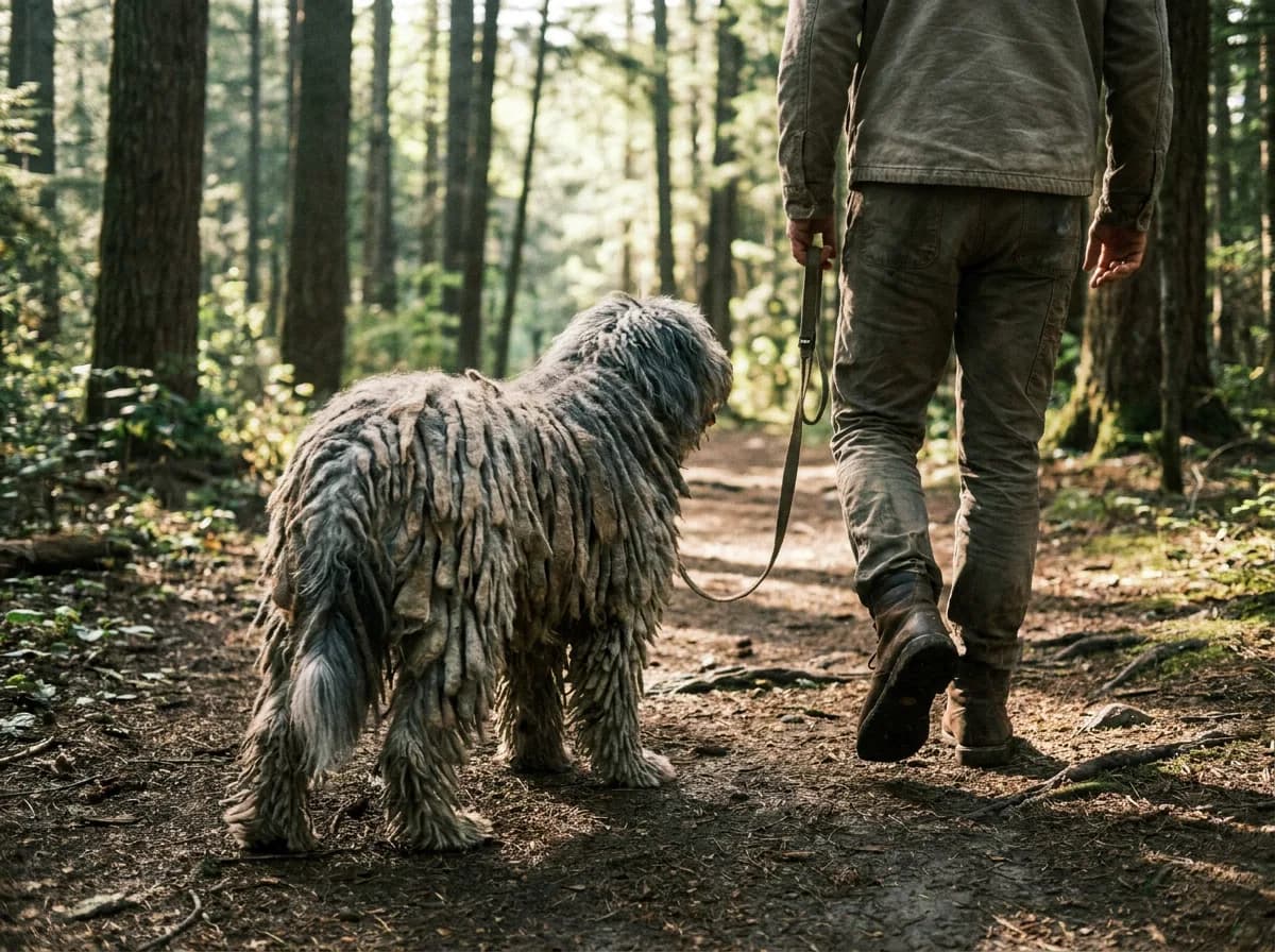 A Bergamasco Sheepdog walking on a loose leash beside a hiker on a shaded forest trail.