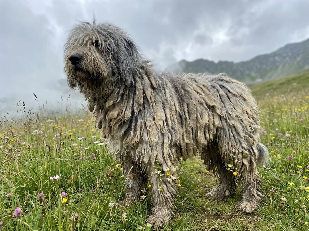 An adult Bergamasco Sheepdog with a full gray flocked coat standing in a wildflower meadow below mountain peaks.