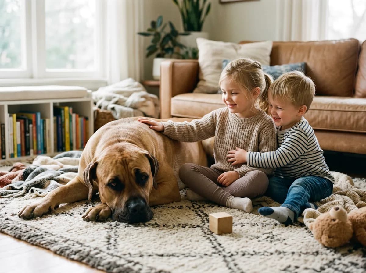A relaxed adult Boerboel lying calmly indoors beside two young children on a living-room rug, the dog's expression soft and attentive, showing its gen