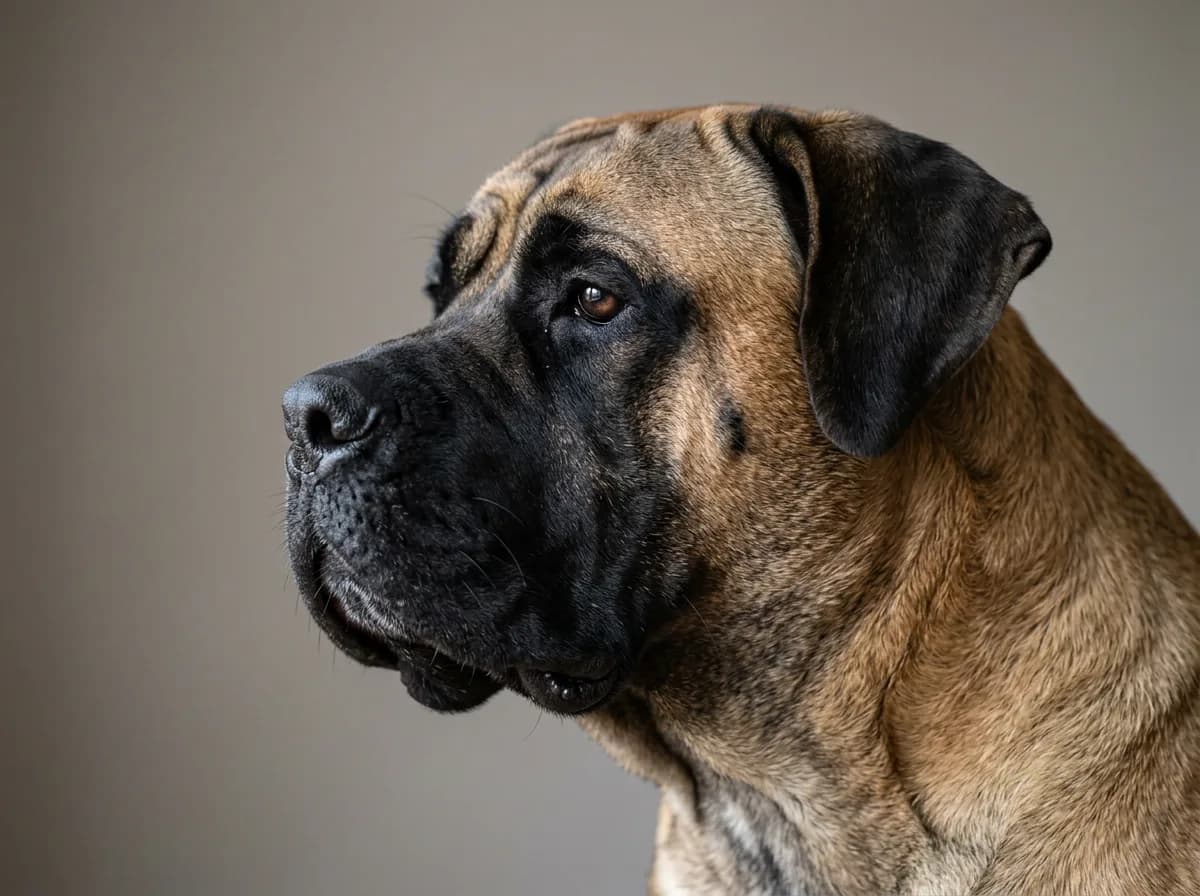 Close-up profile of a Boerboel head showing the broad blocky skull, short deep muzzle, and black mask against a fawn coat, studio-lit against a plain