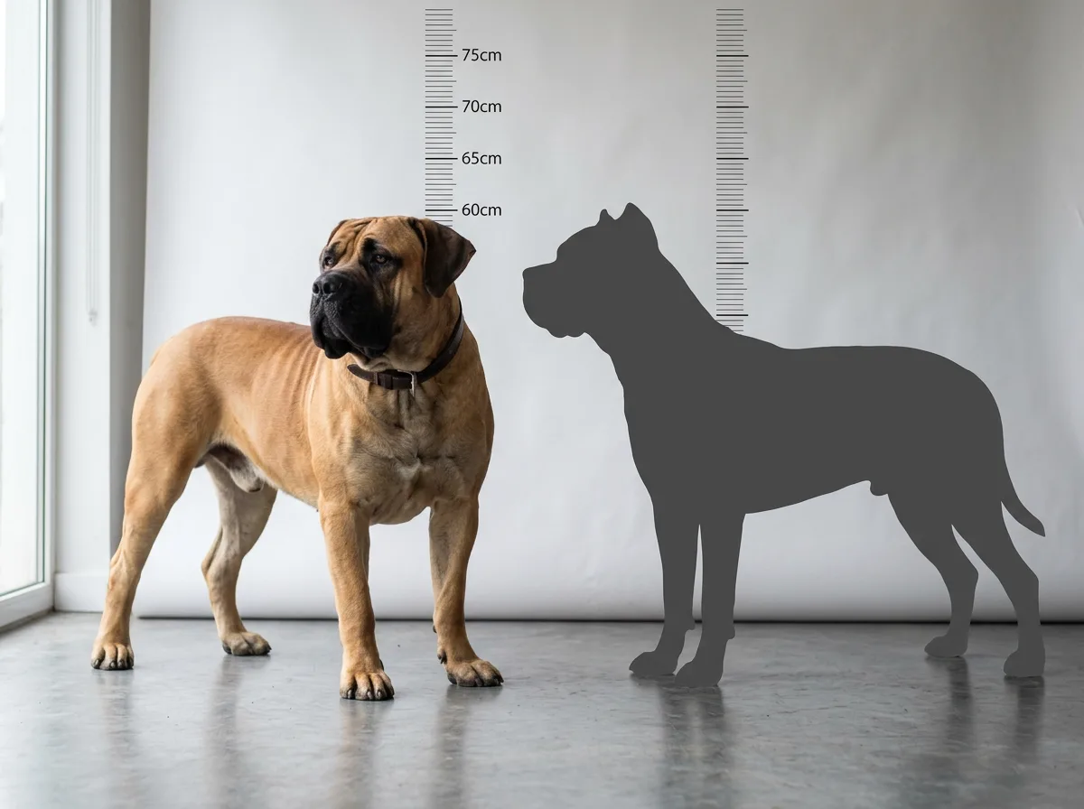 Side-by-side size comparison illustration of a Boerboel next to a Cane Corso silhouette on a plain background, the Boerboel visibly broader and heavie