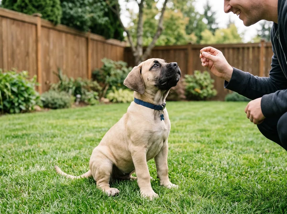 A Boerboel puppy sitting on grass in a securely fenced backyard, looking up at a person, illustrating the early-socialization stage of the breed