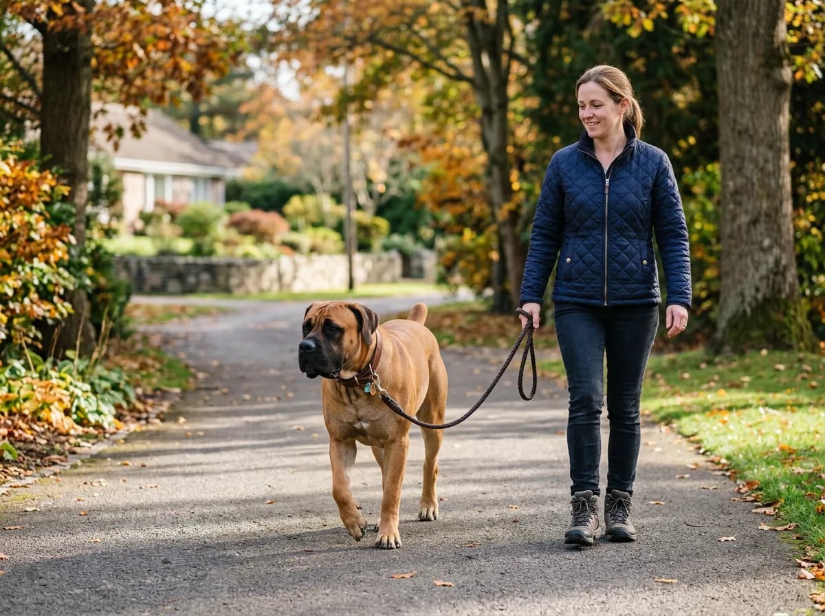 An adult Boerboel walking on a loose leash beside its owner on a quiet suburban path, calm and controlled, demonstrating trained public manners