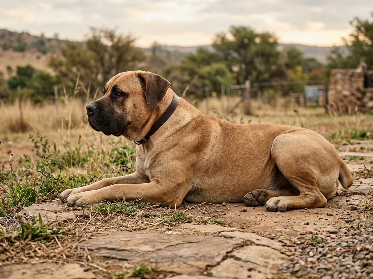 a Boerboel, a large tan South African mastiff-type dog