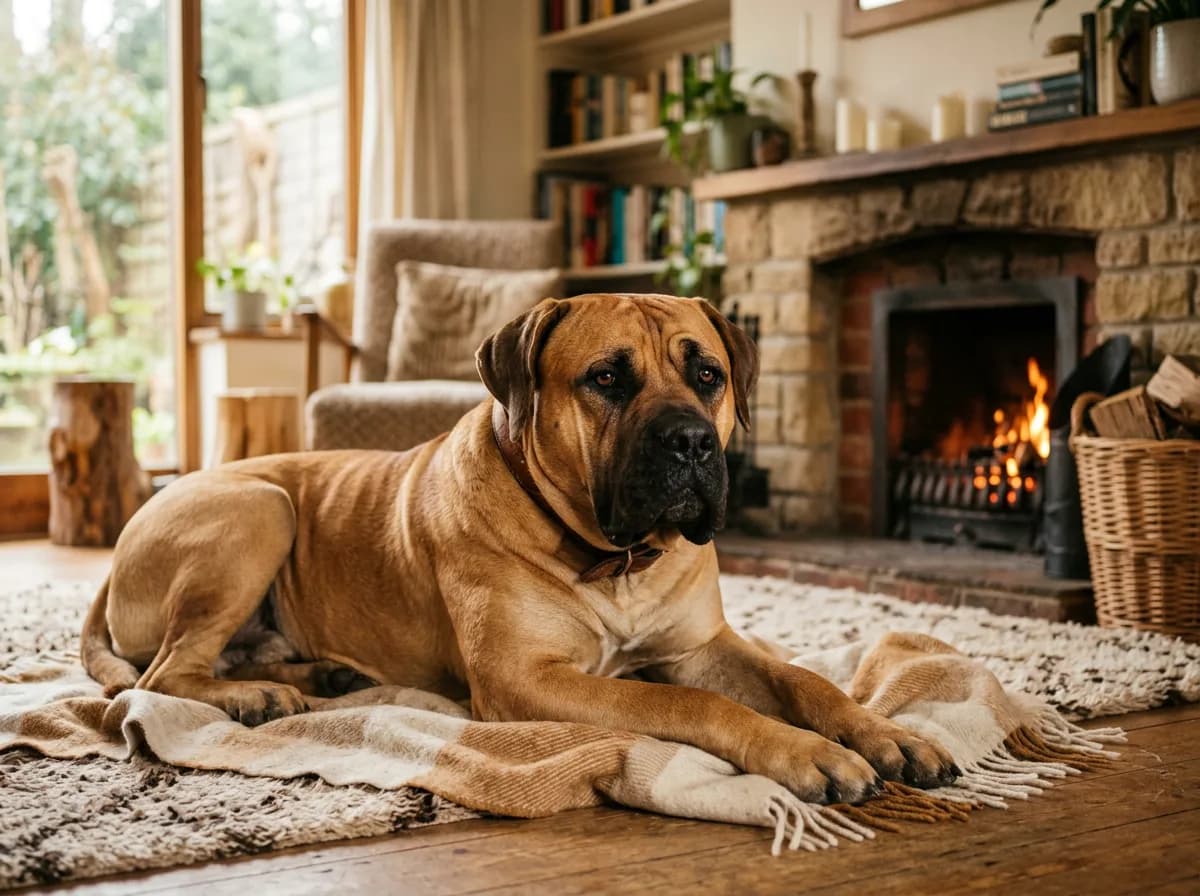 a Boerboel, a large tan South African mastiff-type dog