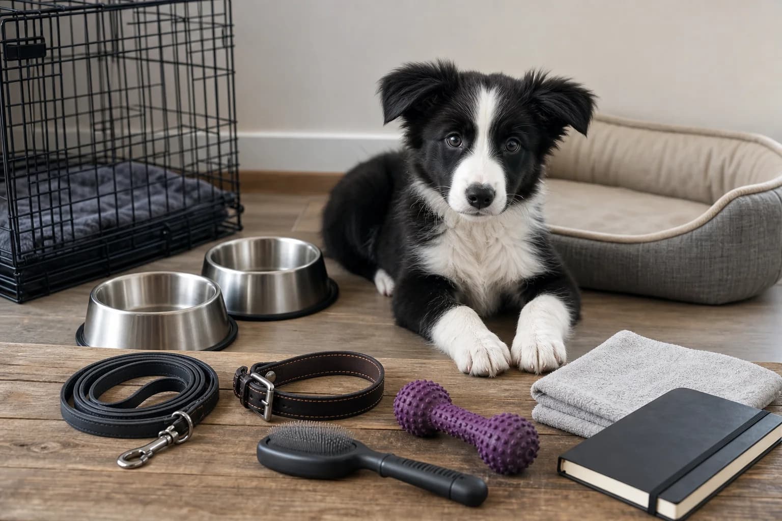 Border Collie puppy beside first-year setup supplies and a handwritten budget worksheet