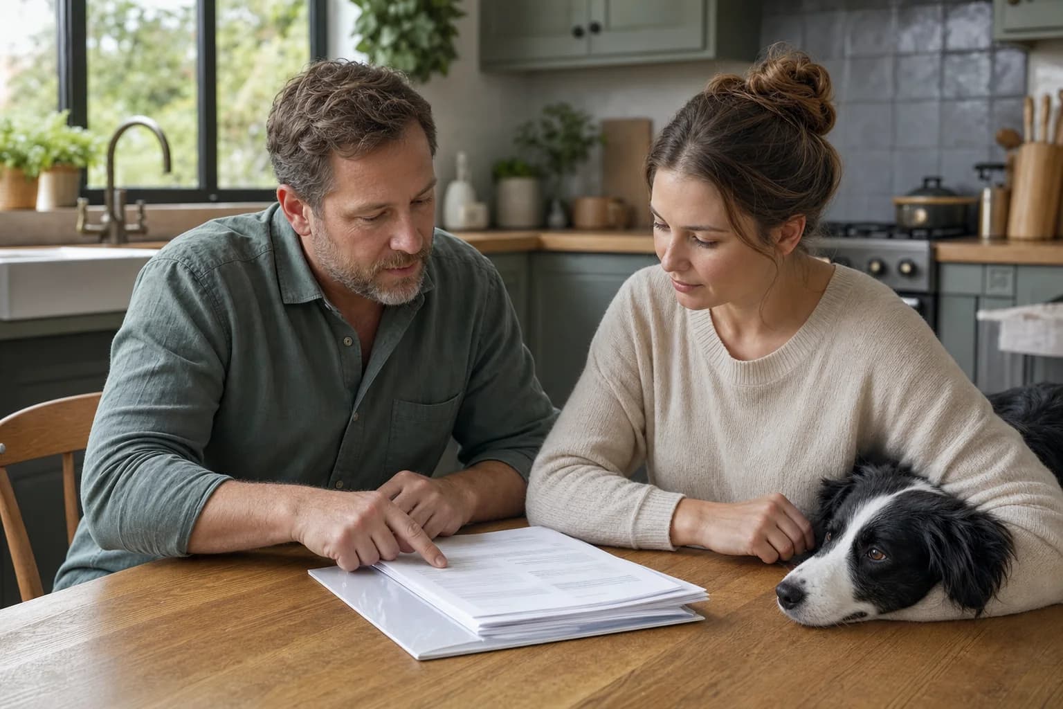 Two adults reviewing health records and a puppy contract with a Border Collie nearby