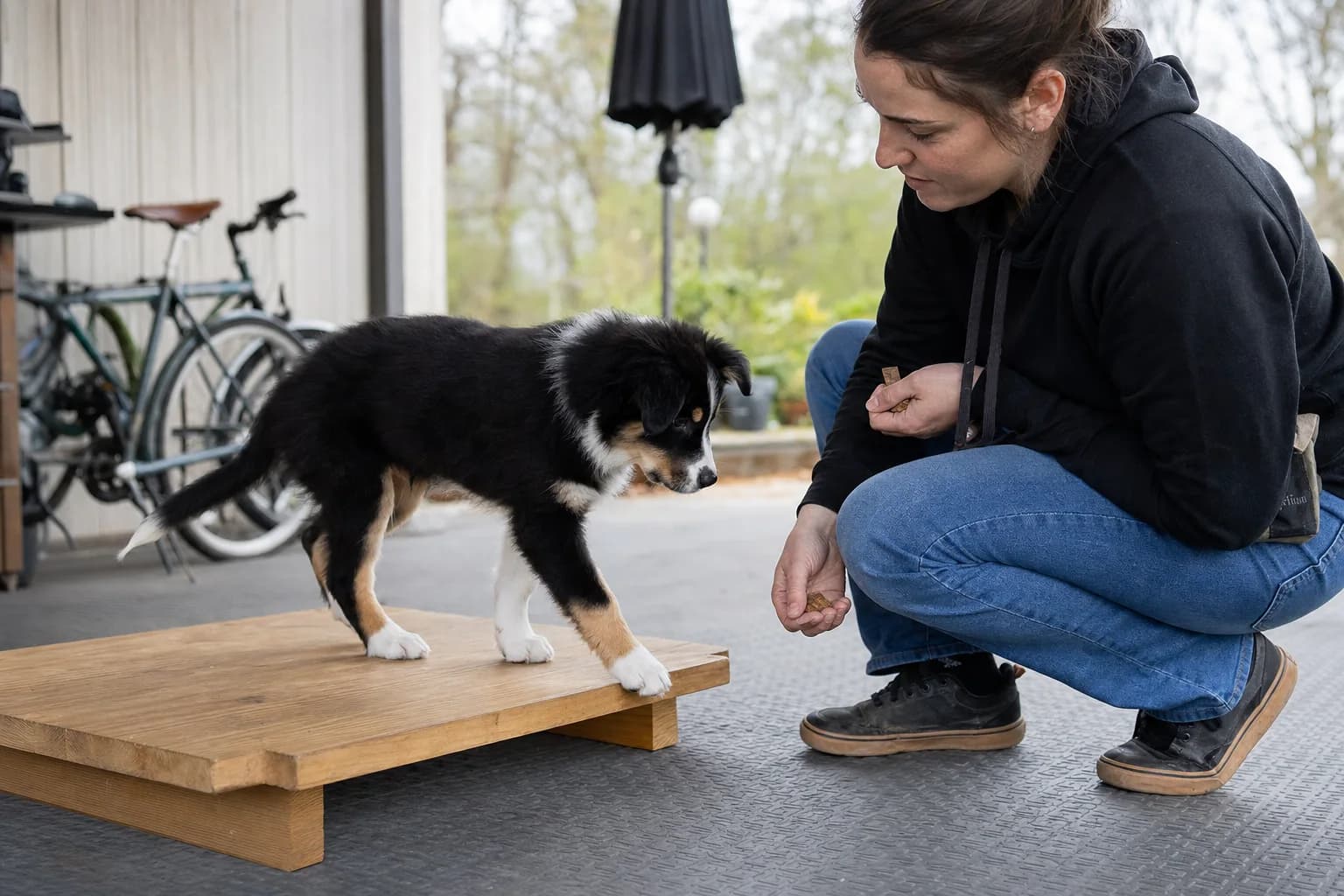 Border Collie puppy calmly observing a bicycle from a low platform at a safe distance