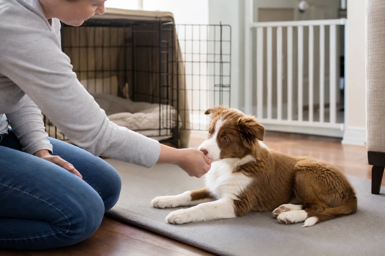 Red-and-white Border Collie puppy choosing a mat while its handler delivers a small reward