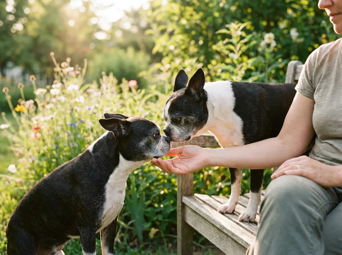 Two mature Boston Terriers approaching an adult’s outstretched hand in a garden.
