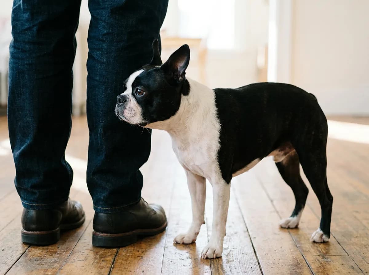Boston Terrier standing beside an adult person’s lower legs.