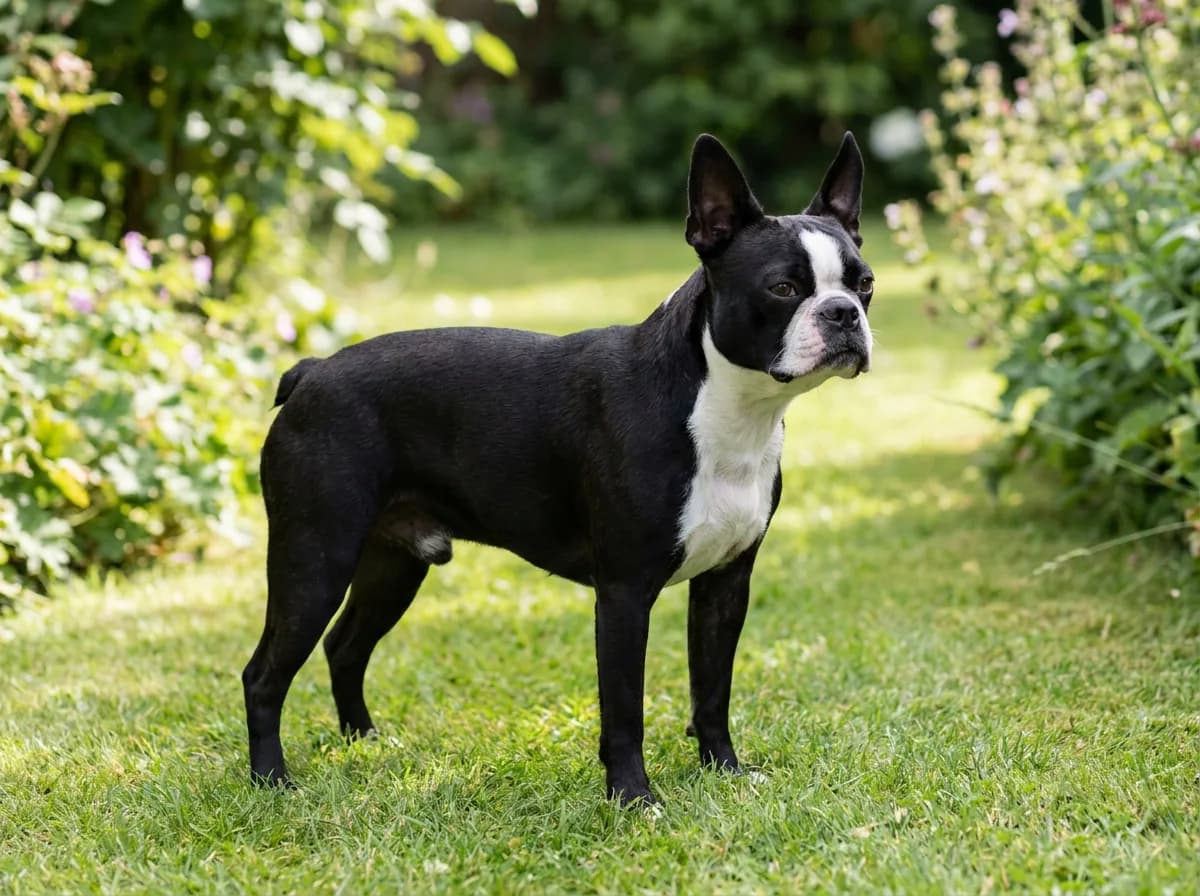 Black-and-white Boston Terrier standing on grass in a leafy garden.
