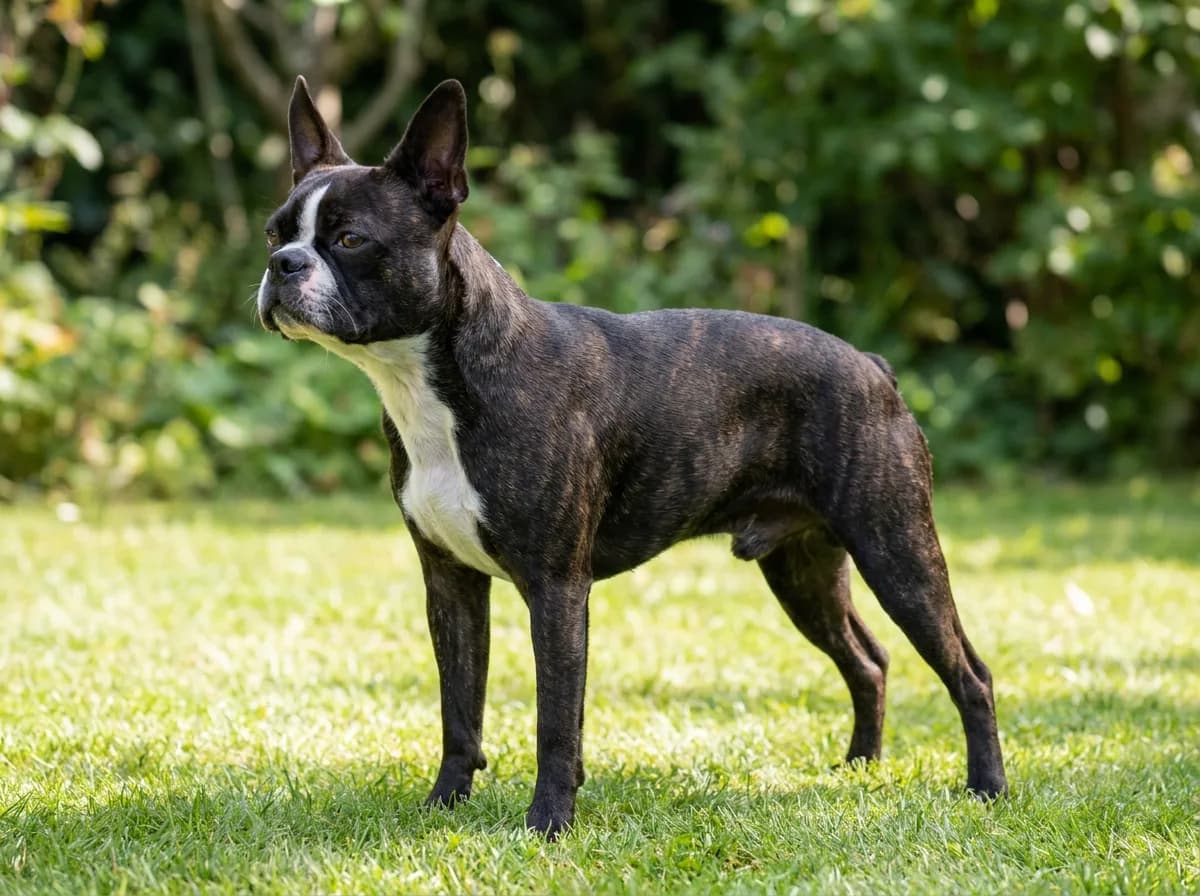 Brindle-and-white Boston Terrier showing dark stripes across its coat in a garden.