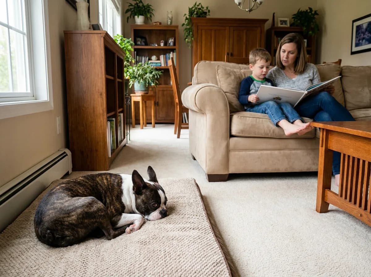 Boston Terrier resting on a floor mat while an adult and child read on a sofa.