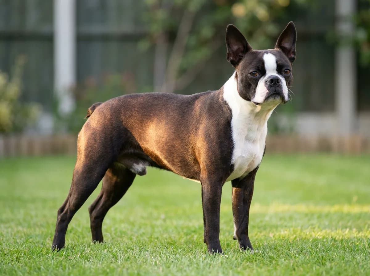 Boston Terrier with a dark coat and a warm reddish cast in sunlight, standing on grass.