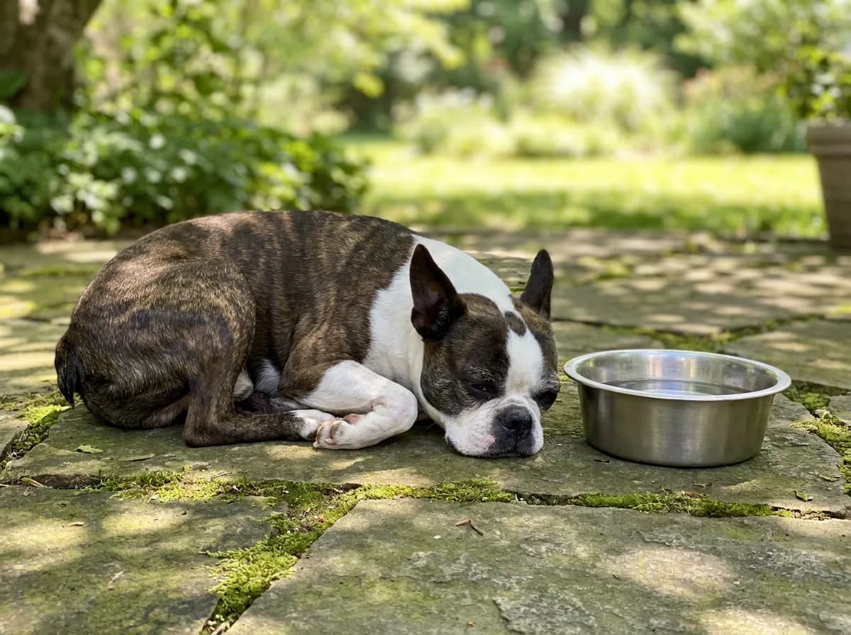 Brindle and white Boston Terrier resting in shade beside a water bowl.