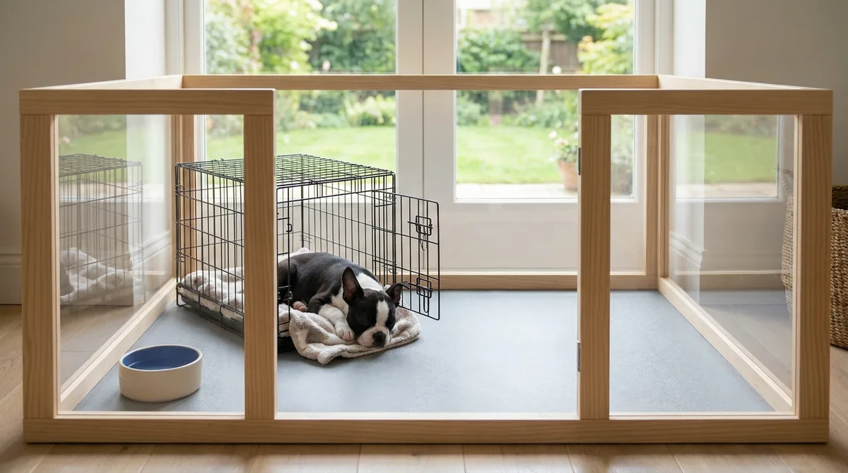 Boston Terrier puppy resting on a blanket beside an open wire crate in a gated area.