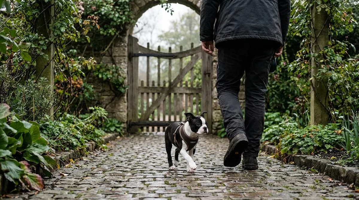 Boston Terrier puppy wearing a harness and walking beside an adult on a garden path.